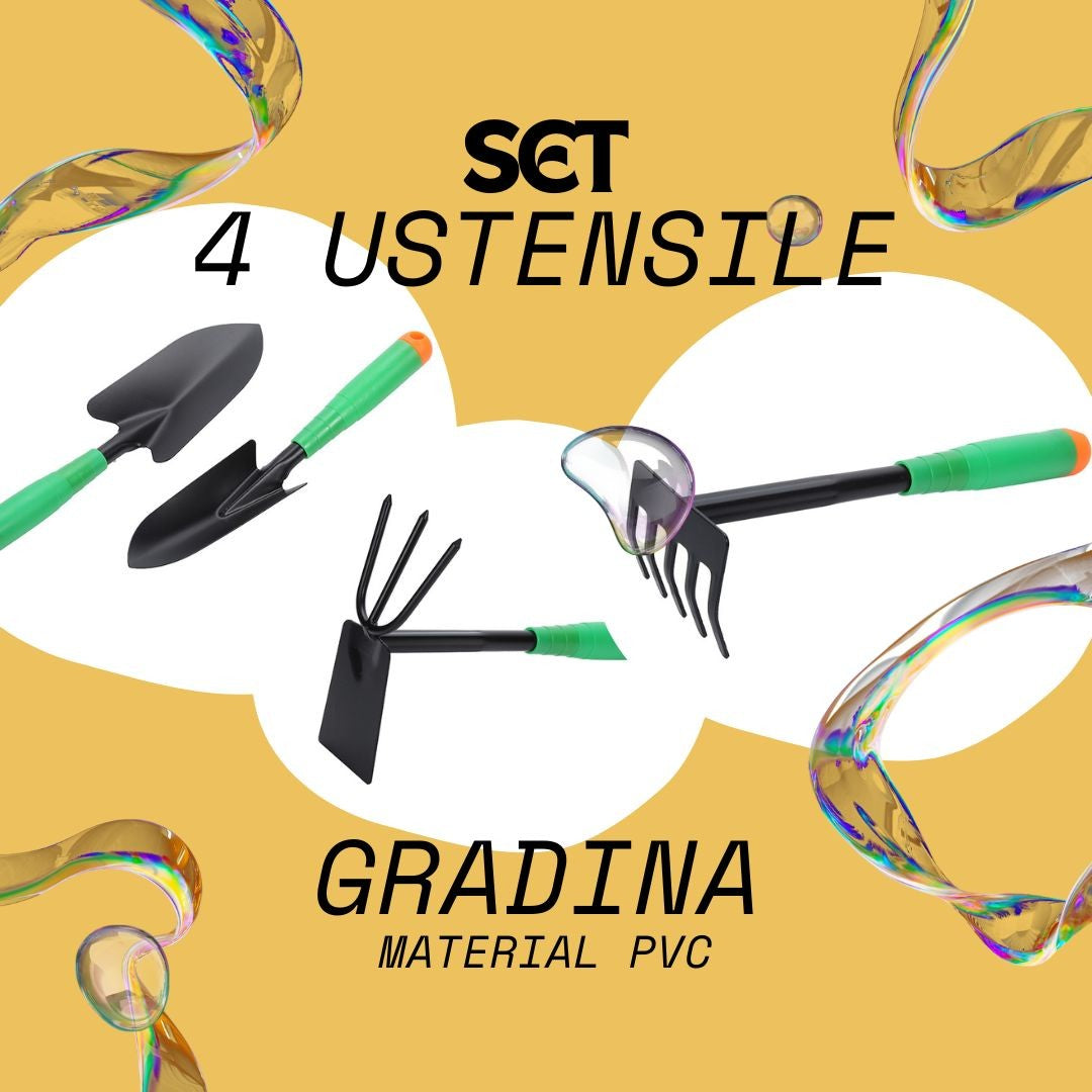 Set 4 Unelte de Gradina, pentru Plantare Prelucrare Sol si Ingrijire Plante, Material PVC si cardboard, 31.5 x 8.5 cm, verde