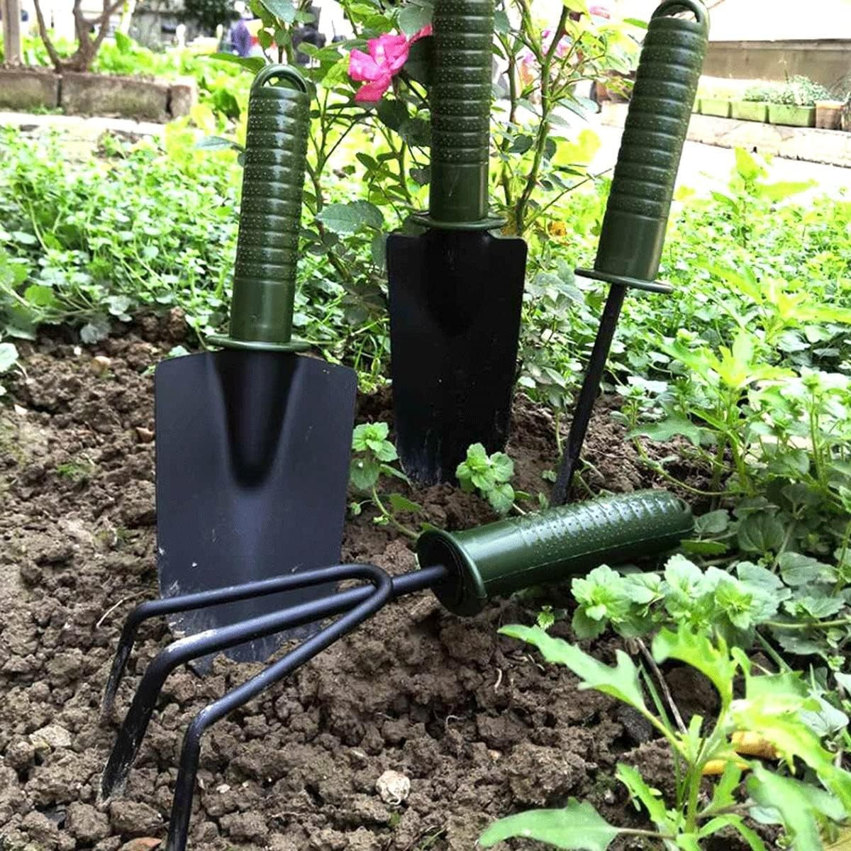 Set 4 Unelte de Gradina , pentru Plantare Prelucrare Sol si Ingrijire Plante, Material PVC si cardboard, 25 x 8.5 cm, verde