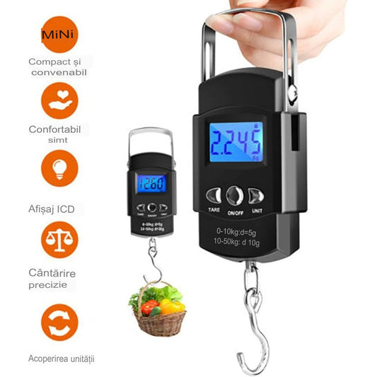 Cantar Digital de Mana cu Carlig,  Cantar Portabil, Pescuit, cu Maner, Capacitate 50 kg, cu Metru Incorporat, 20.5 x 6 x 2.5 cm, Negru