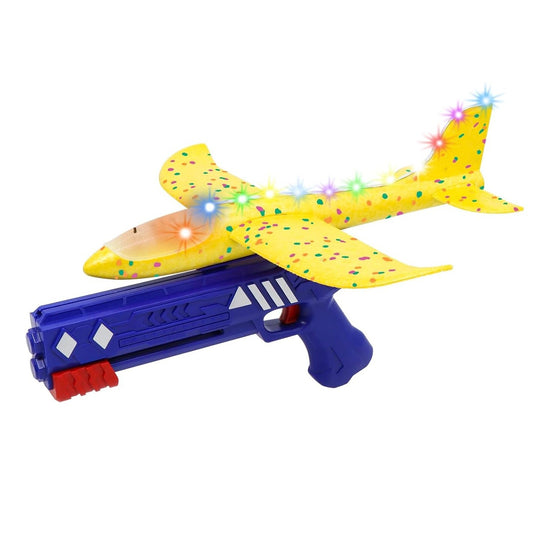 Pistol cu Lansator de Avion, din Polistiren+Plastic, +3 Ani, Avion 38 cm, Lansare 10 m, cu Lumini si Roti, Galben/Albastru