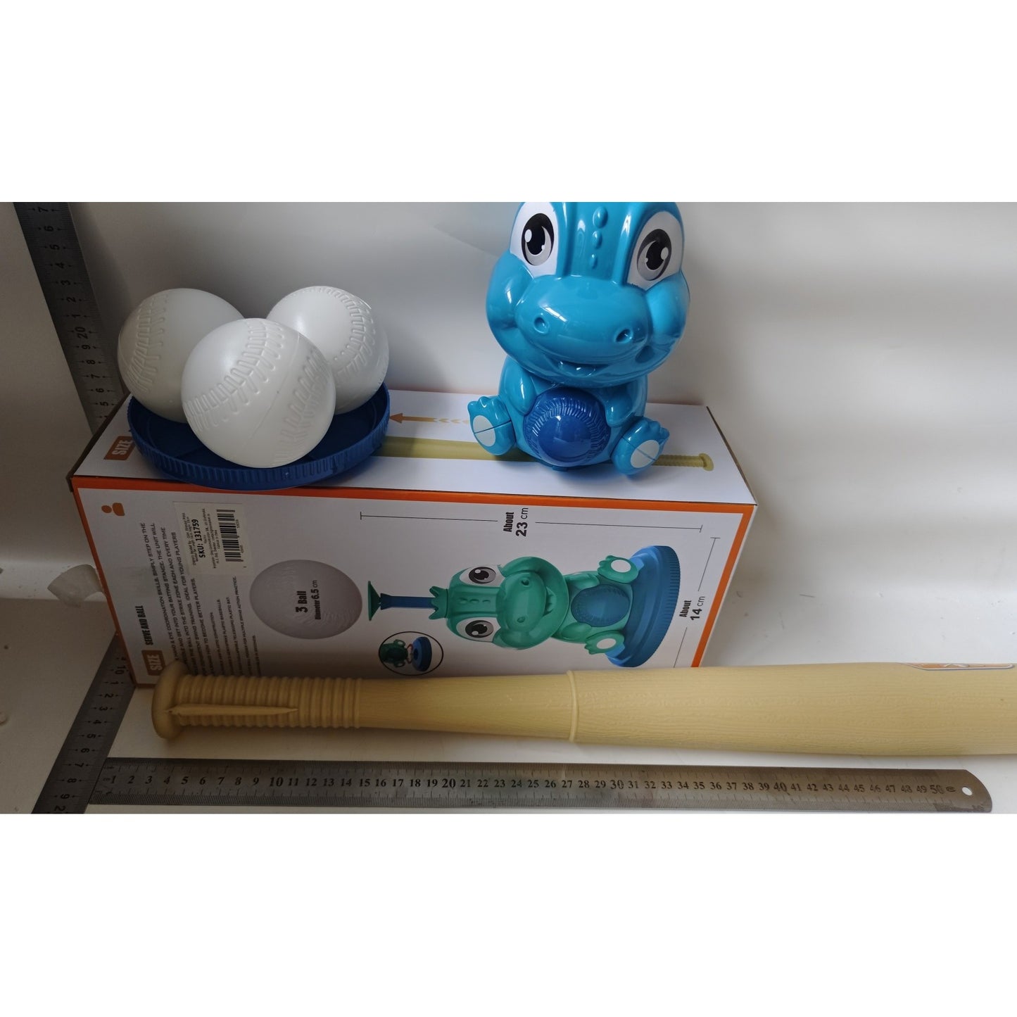 Set de Baseball 5 Piese pentru Copii, Jucarie Dinosaur Press, 14x23 cm, Verde/Albastru