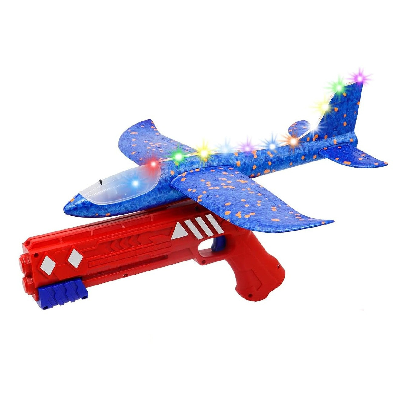 Pistol cu Lansator de Avion, din Polistiren+Plastic, +3 Ani, Avion 38 cm, Lansare 10 m, cu Lumini si Roti, Rosu/Albastru