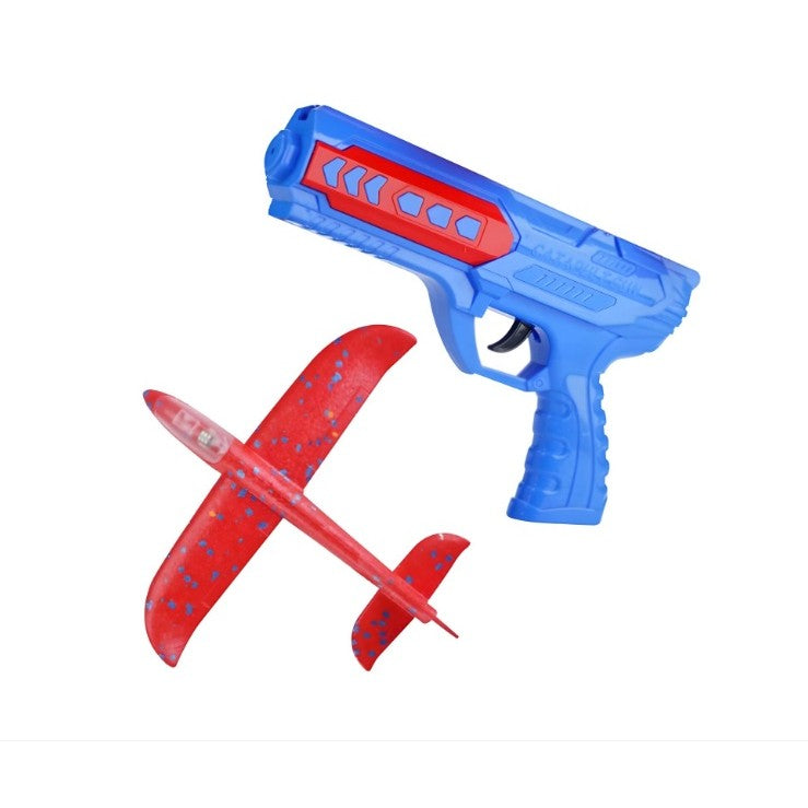 Pistol cu Lansator de Avion, din Polistiren+Plastic, +3 Ani, Avion 24 cm, Lansare 10 m, cu Lumini, Albastru/Rosu