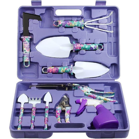 Set 10 accesorii pentru gradinarit, geanta depozitare inclusa, otel inoxidabil, 37 x 28 cm, mov