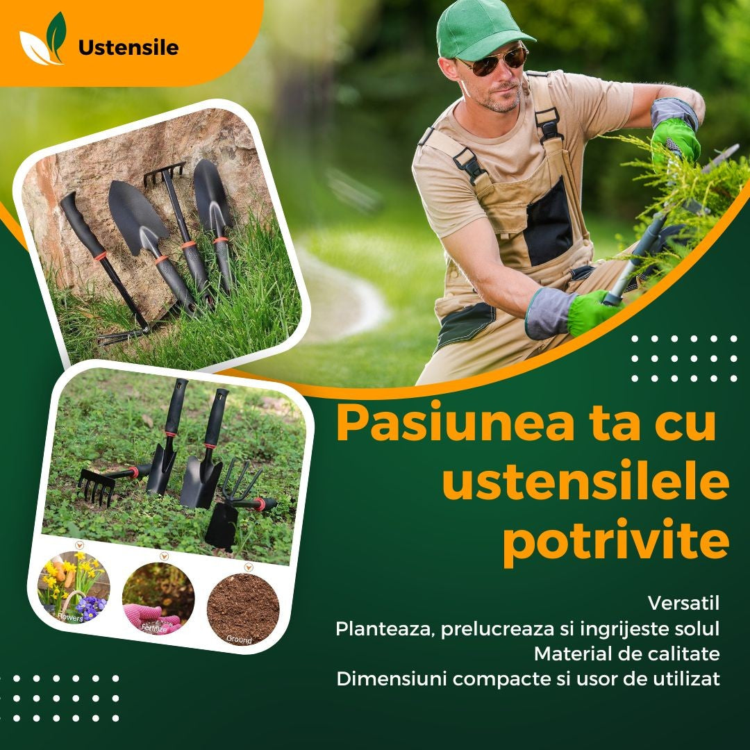 Set 7 Unelte de Gradina , pentru Plantare Prelucrare Sol si Ingrijire Plante, Material PVC si cardboard, 31.5 x 8 cm, negru