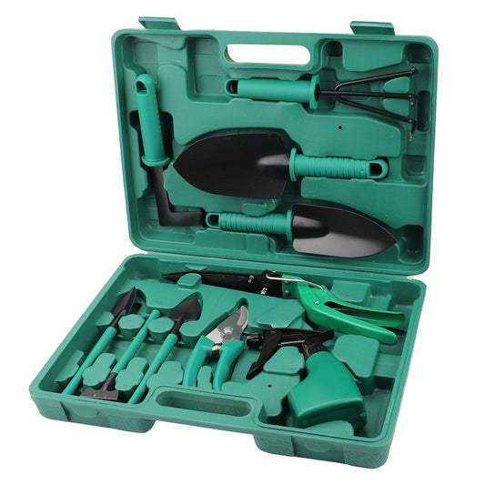 Set 10 accesorii pentru gradinarit , geanta depozitare inclusa, otel inoxidabil, 37 x 28 cm, verde